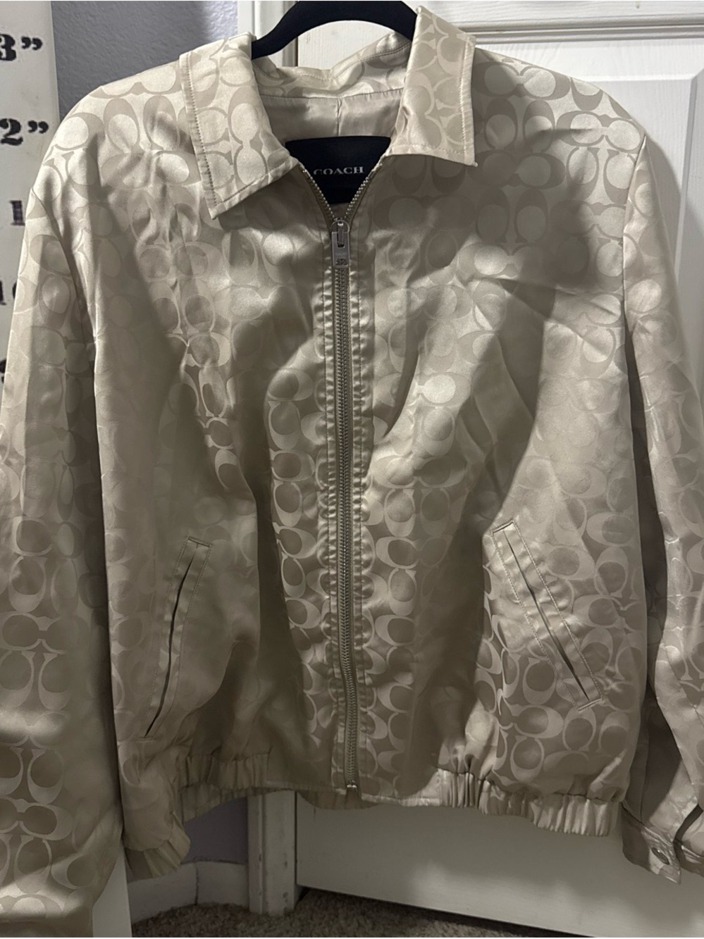 Coach Cream Signature Jacquard Zip Bomber Jacket